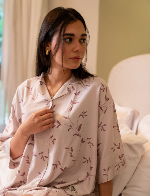 Women Summer Pajama Set Minimal floral vine Buttoned Shirt + Shorts