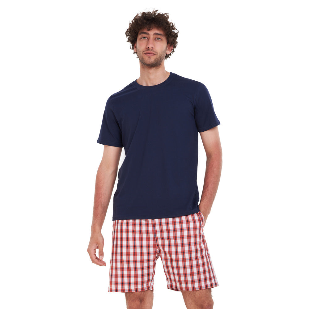 Men summer pajama set "Dark Blue Tshirt + Red x White Checkered short