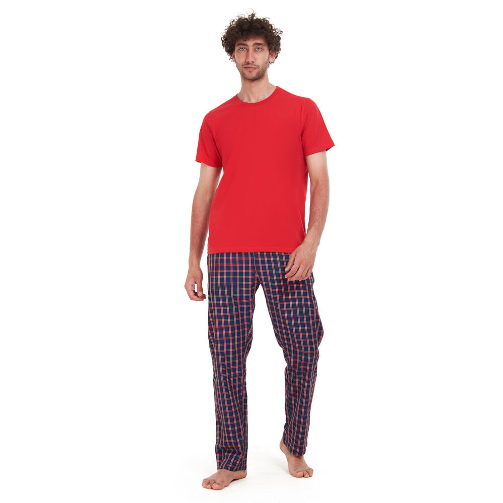 Men summer pajama set "Red Tshirt + Dark Blue x Red checkered pants