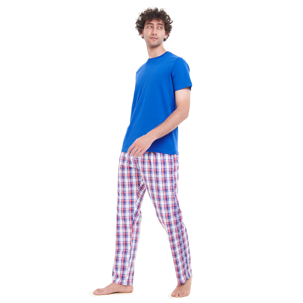 Men summer pajama set "Royal Blue Tshirt + Blue x Red Checkered pants