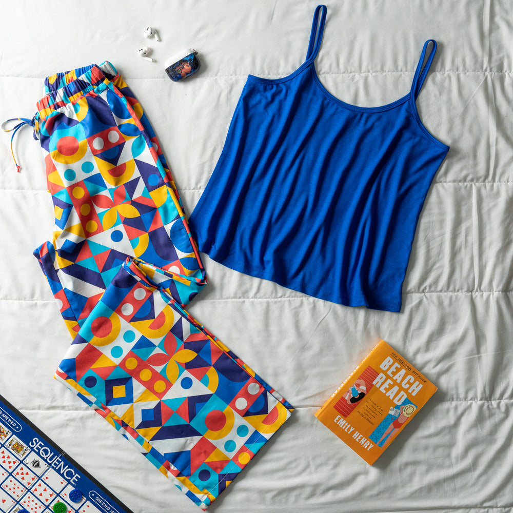 Women Summer Pajama Set Blue Top Geometric Pants Snuggs Egypt