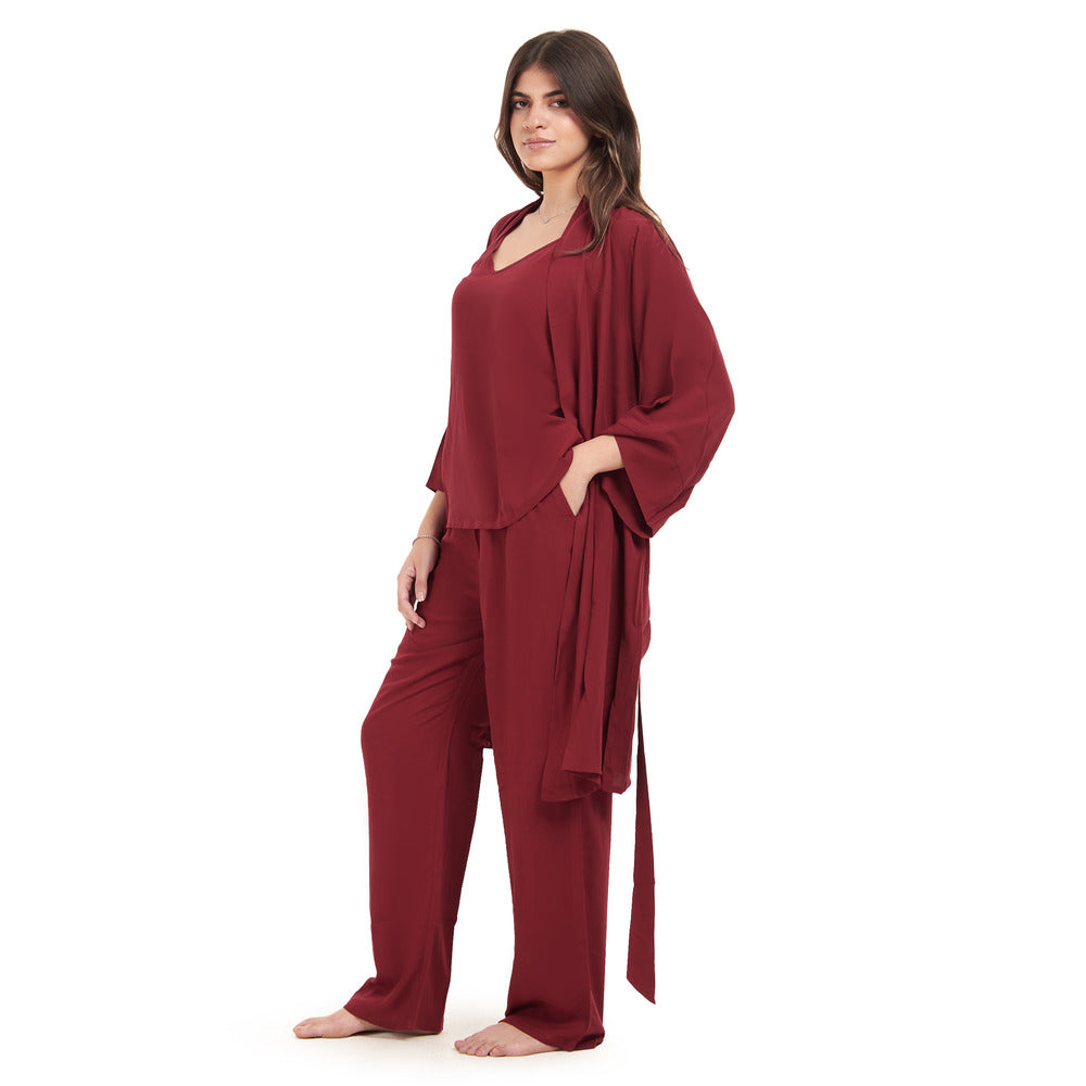 Women summer 3 piece pajama set "Dark Red Top + Dark Red kimono & Pant Snuggs Egypt