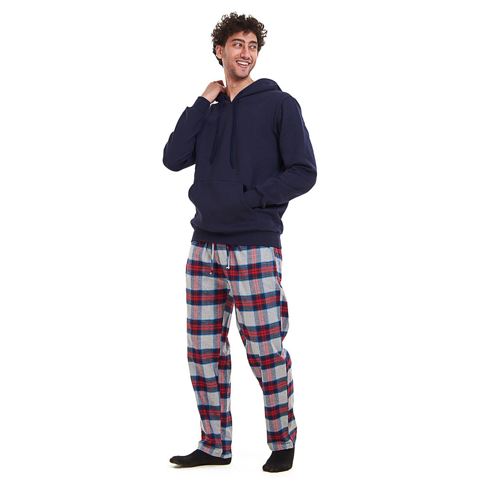 Men Winter Pajama Set Dark blue Hoodie + Red x Dark blue Checkered Pan