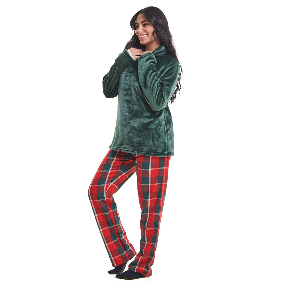 Women Winter Pajama Set Dark Green Sweatshirt + Da…