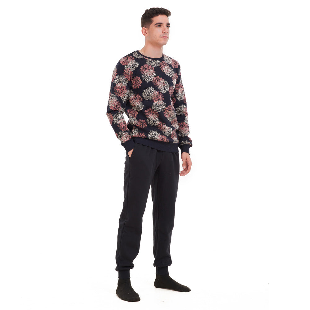 Men Winter Pajama Set Black with cashmere leaves Shirt + Black Pants