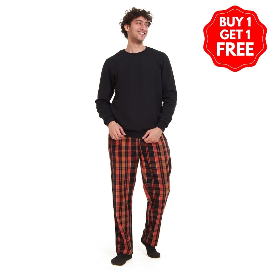 Men Winter Pajama Set Black Sweatshirt + Orange x Black Checkered Pant Snuggs Egypt