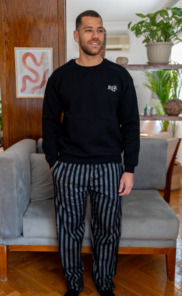 Men Winter Pajama Set Black Top + Stripe Pants – Snuggs Egypt