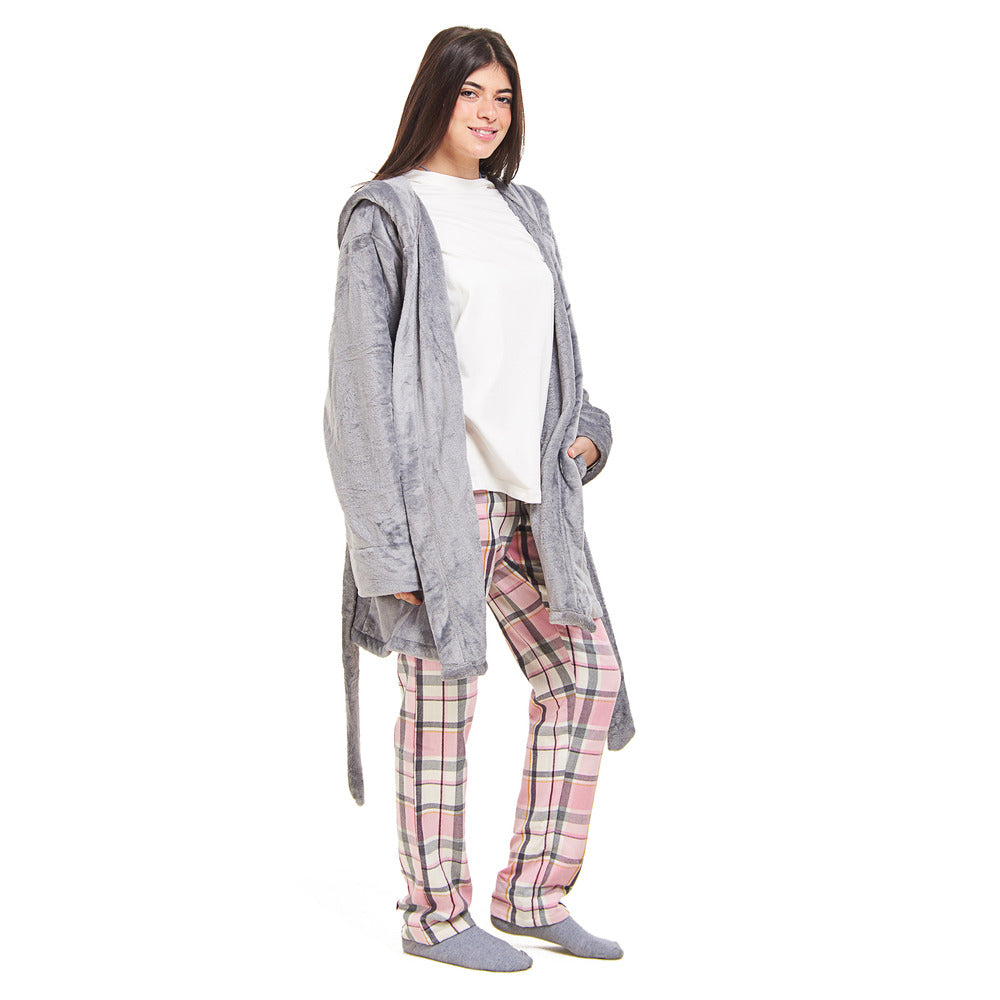 Women Winter Pajama Set Grey Robe + Pink x Dark Grey Checkered Pants ...