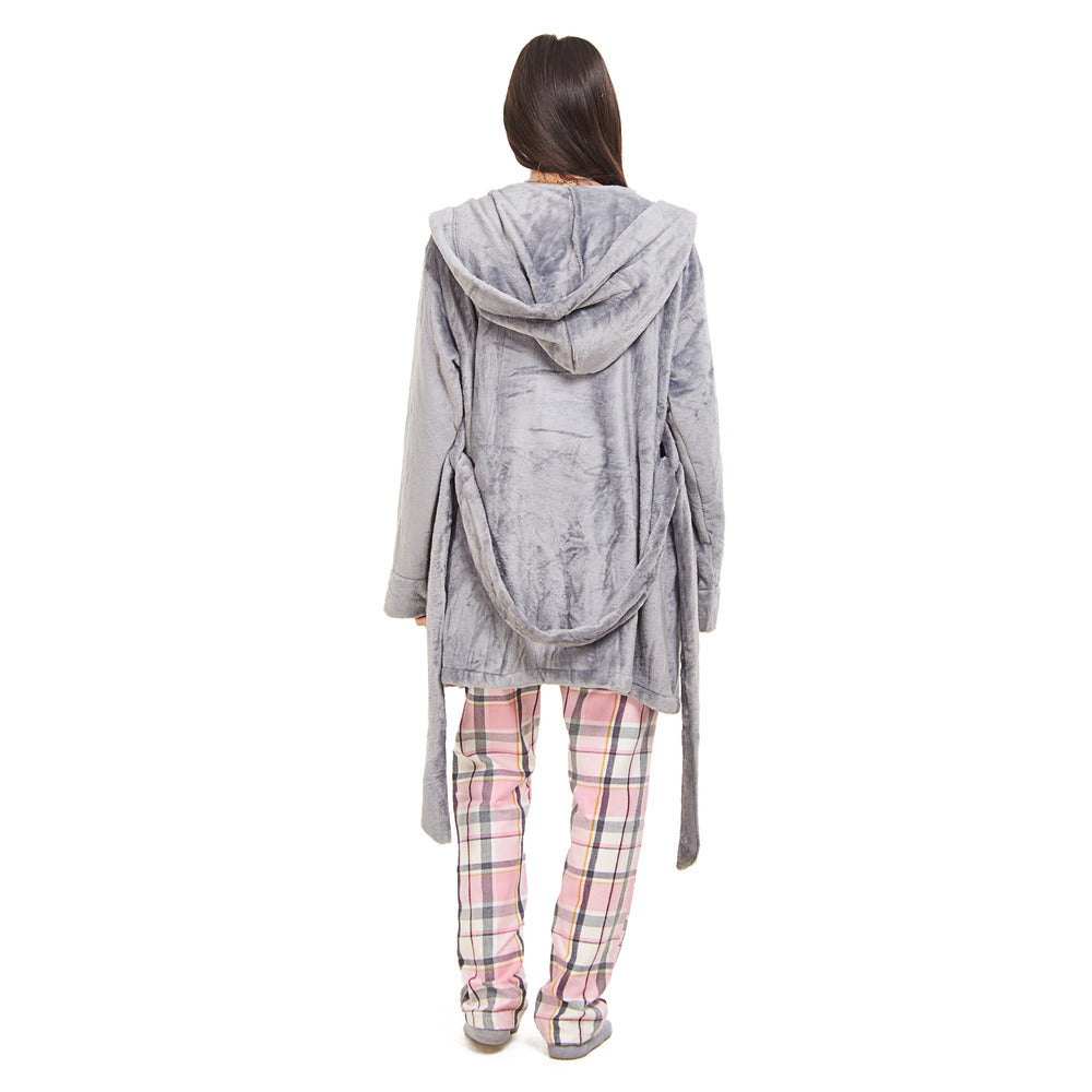 Women Winter Pajama Set Grey Robe + Pink x Dark Grey Checkered Pants ...