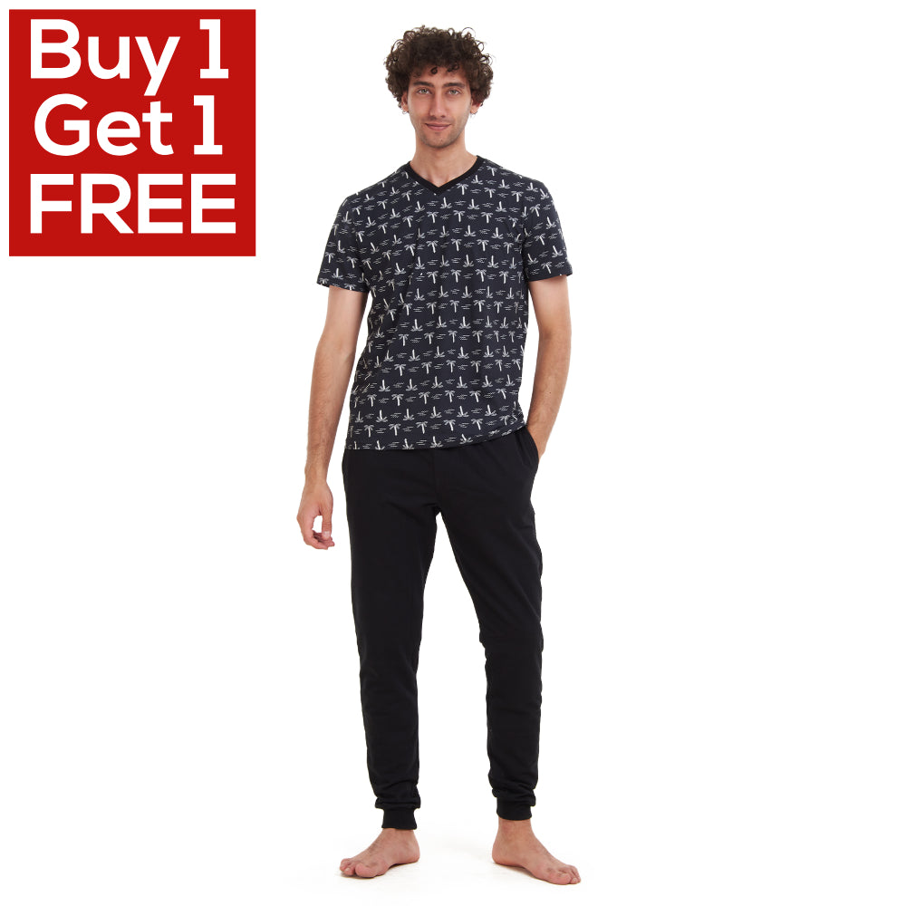 Men summer pajama set Palm Trees T-shirt + Black pants – Snuggs Egypt