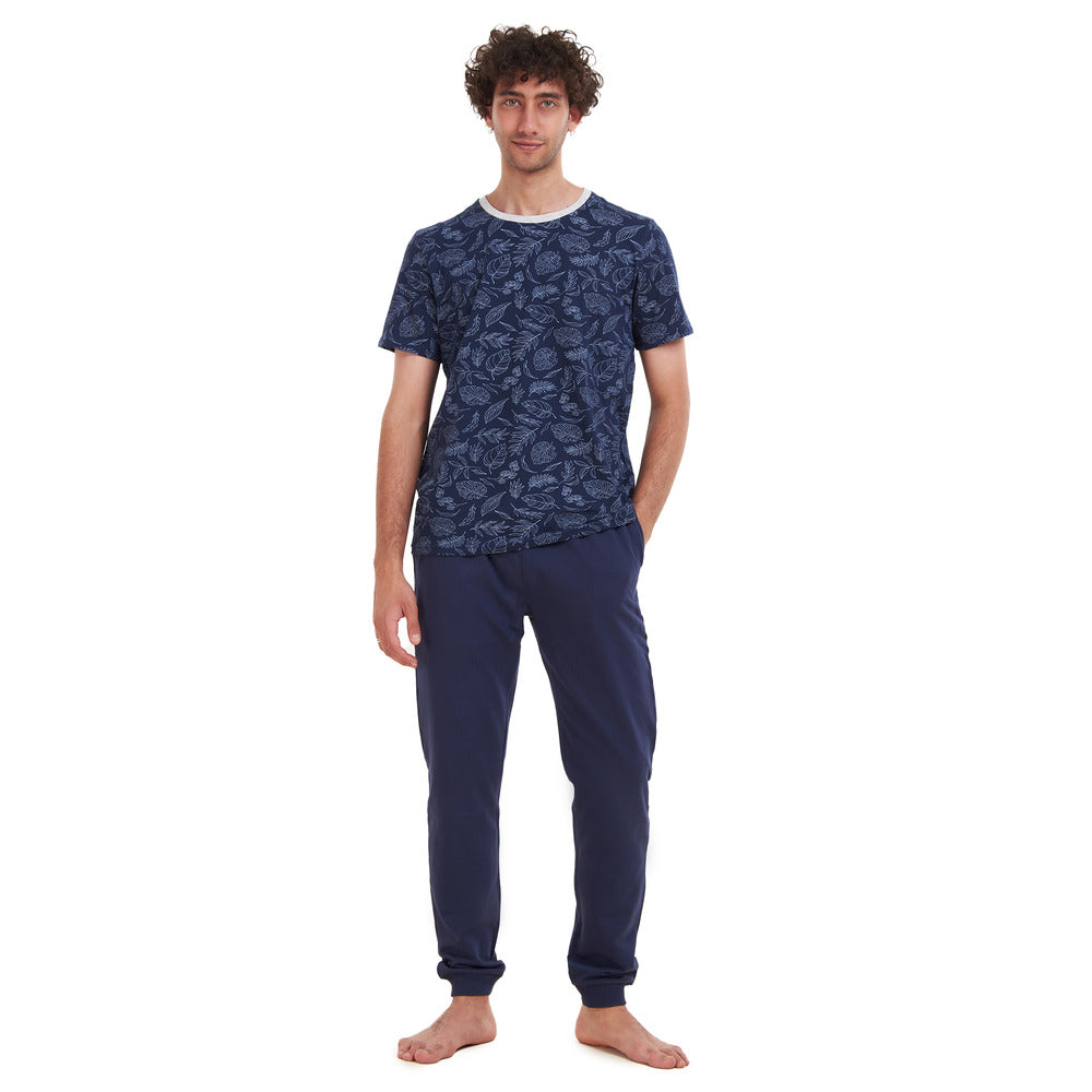 Men summer pajama set Dark Blue Leaves T-shirt + Navy pants – Snuggs Egypt