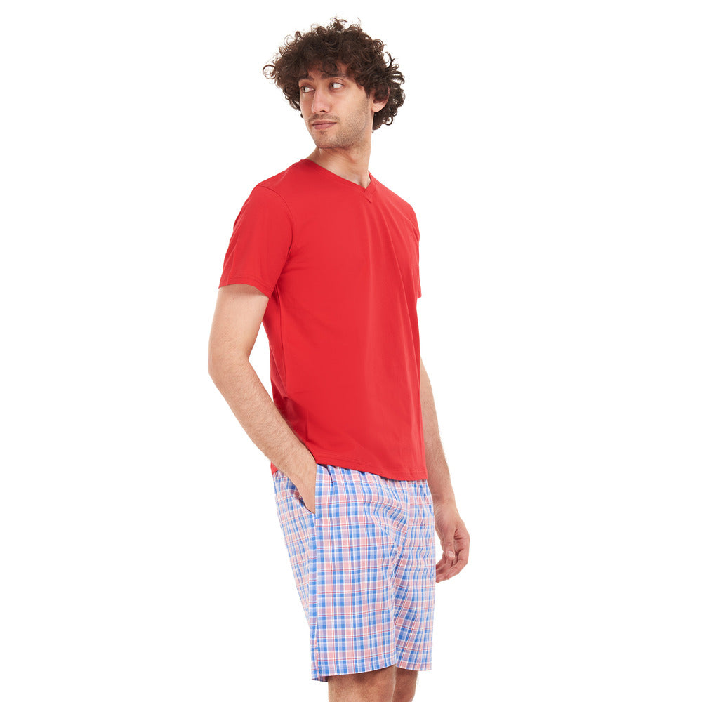 Men summer pajama set "Red Tshirt + Blue x red checkered short