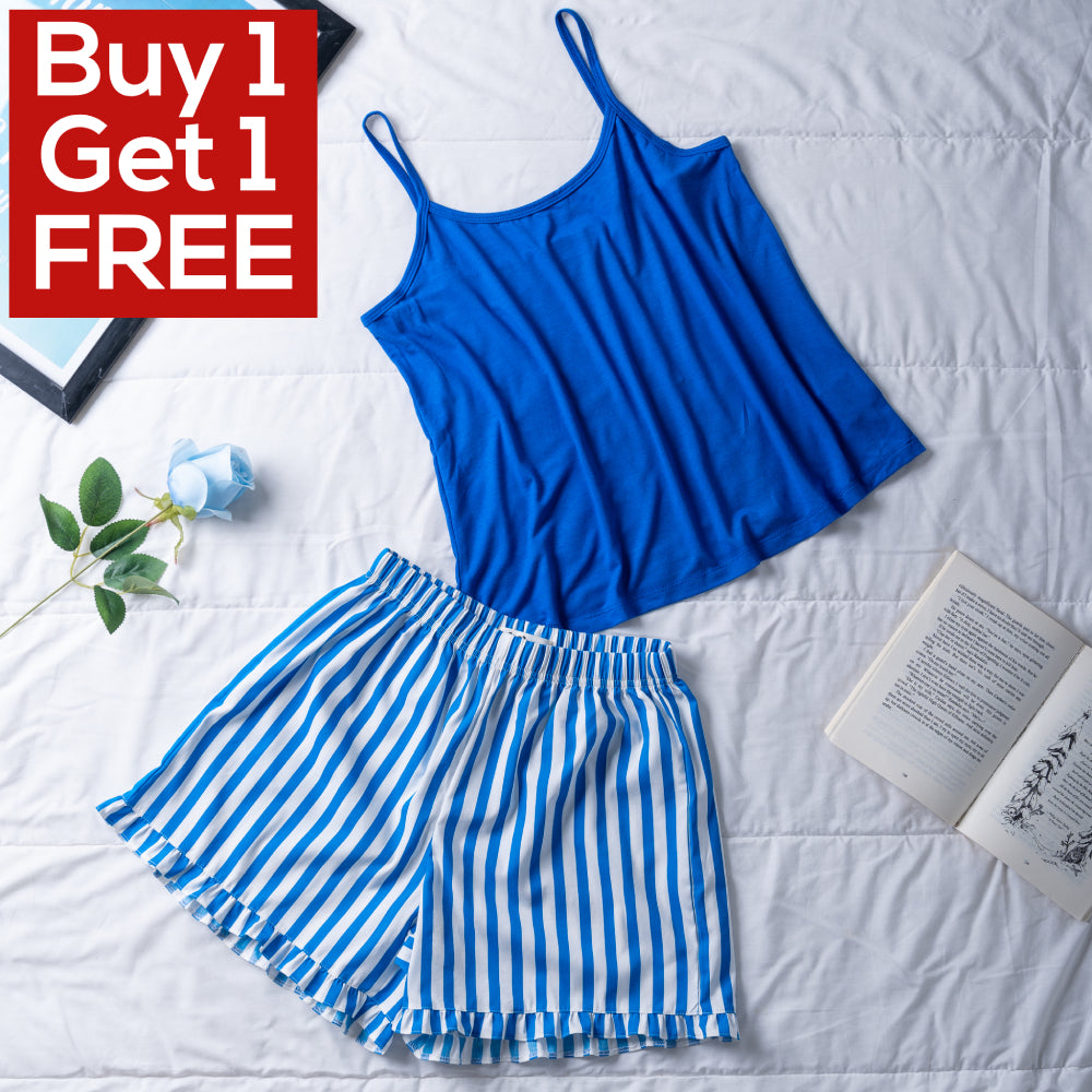 Women Summer Pajama Set Royal Blue Top Royal Blue Striped Shorts