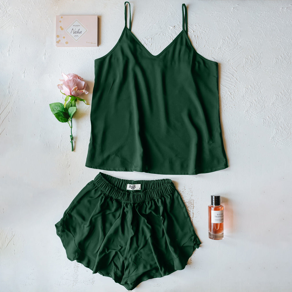 Women summer pajama set Dark green top + shorts – Snuggs Egypt