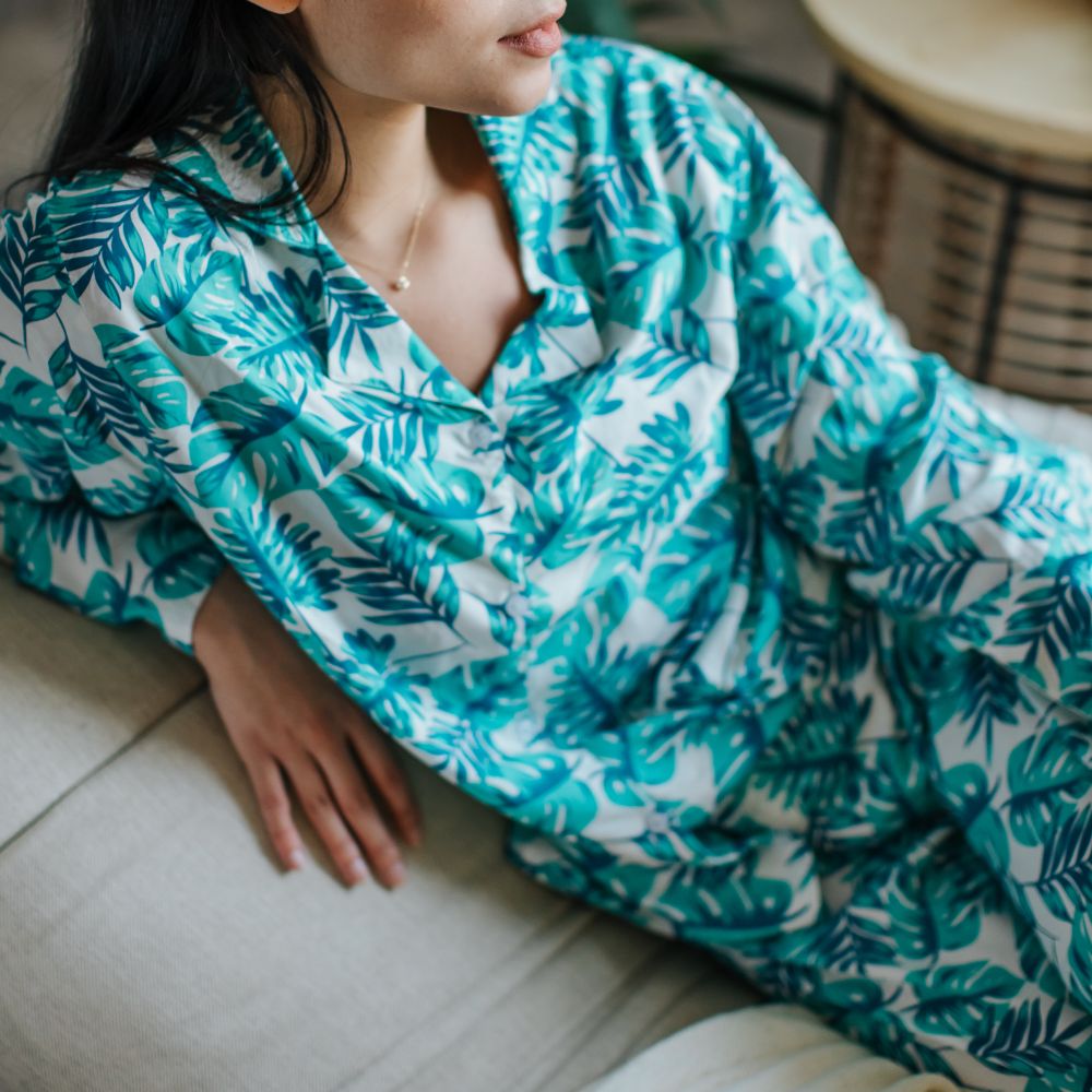 Women Summer Pajama Set Turquoise Leaves Buttoned Shirt Pants